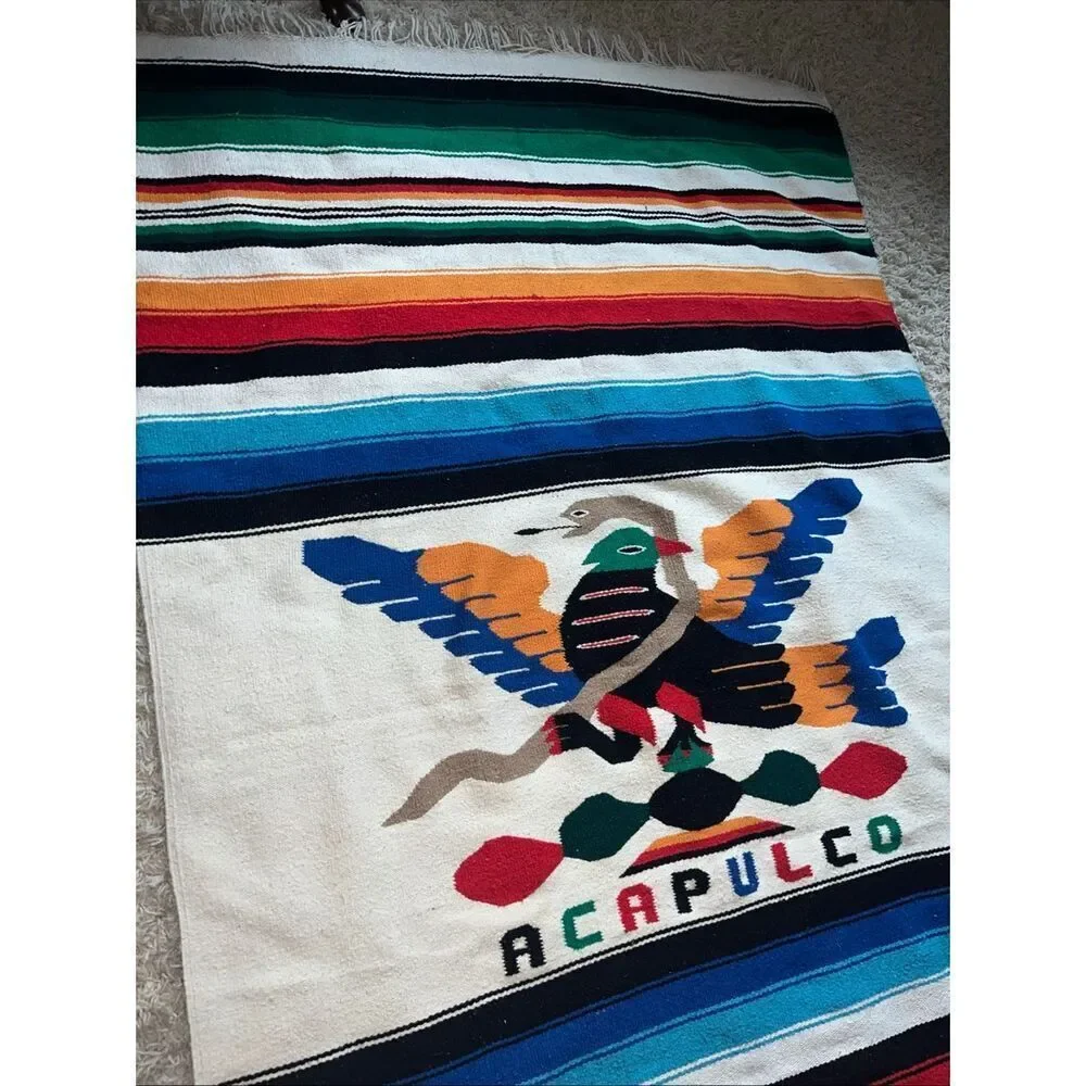 Vintage Mexican Serape Saltillo Woven Blanket Rug 80’/48’ Thunderbird with Snake